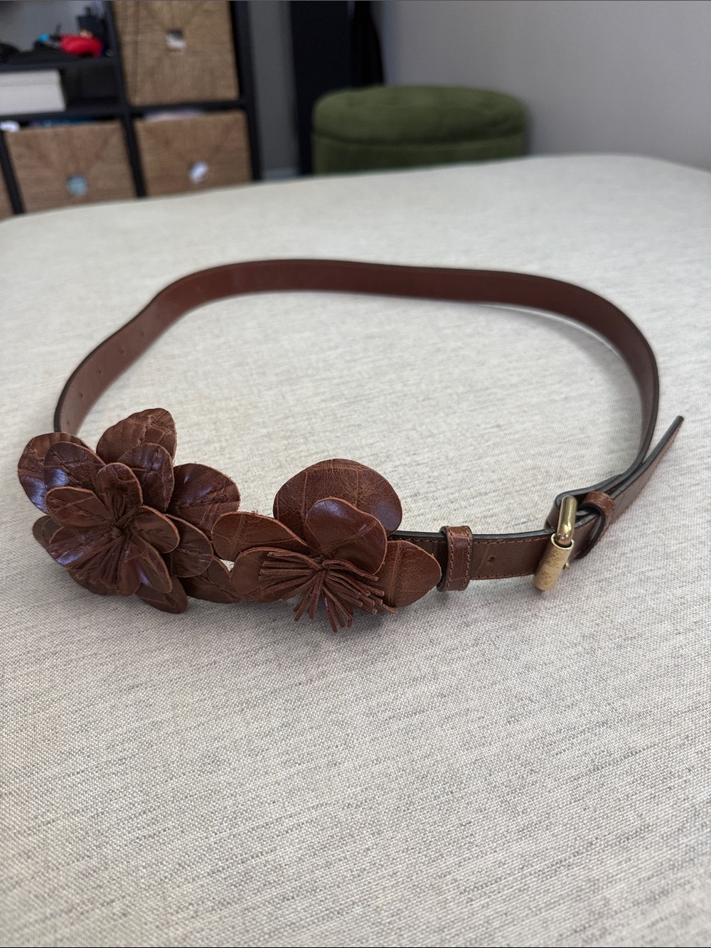 Anne Fontaine Brown Leather Floral Appliqué Belt with Gold-Tone Buckle